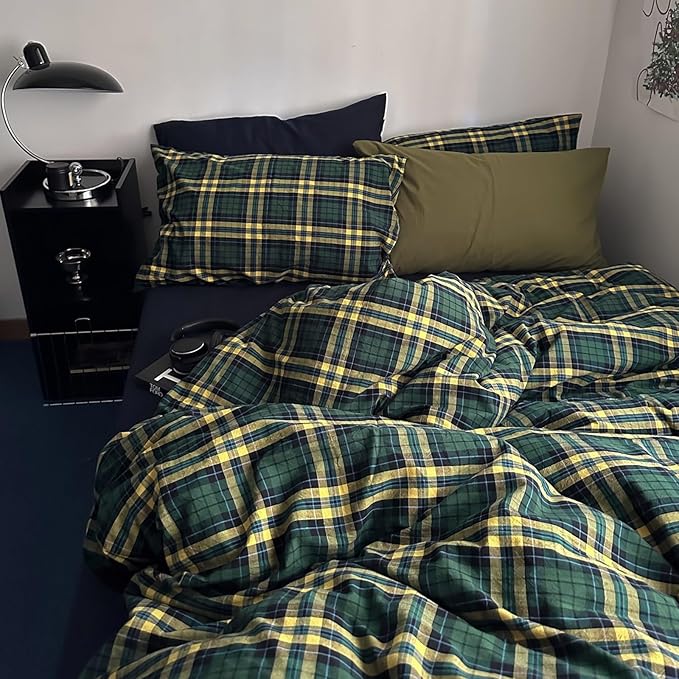 MKXI King Size Forest Green & Mustard Yellow Plaid Duvet Cover Set, 3 Piece All Season Washed Cotton Bedding, Vintage Preppy Style Rustic Outdoor Bed Set with Zipper Closure & Corner Ties