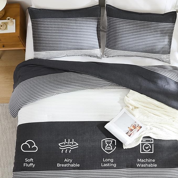 Litanika Queen Comforter Set Black White Grey - 3 Pieces Lightweight Summer Bedding Set, All Season Down Alternative Comforter (1 Comforter, 2 Pillowcases)