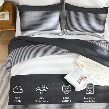 Litanika Queen Comforter Set Black White Grey - 3 Pieces Lightweight Summer Bedding Set, All Season Down Alternative Comforter (1 Comforter, 2 Pillowcases)