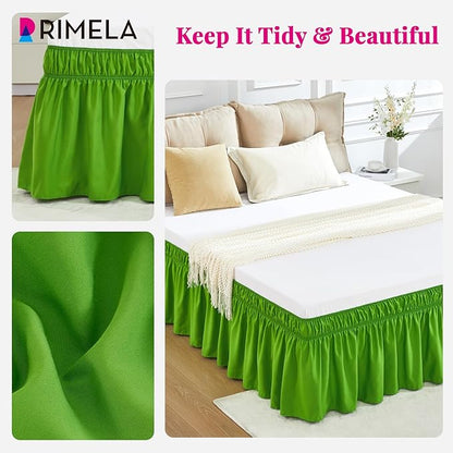 RIMELA Green Bed Skirt King Size 15 Inch Drop, Elastic Bed Skirting for Bed Base and Frame, Bedding Dust Ruffle Easy to Install, Lightweight Wrap Around Adjustable Bedskirt