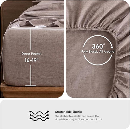 MooMee Bedding Sheet Set 100% Washed Cotton Linen Like Textured Breathable Durable Soft Comfy (Heathered Mauve Brown, Full)
