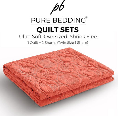 Pure Bedding Quilt Set King/Cal King/California King Size Coral - Oversized Bedspread - Microfiber Coverlet - Includes 1 Quilt and 2 Shams, Ocean Star Pattern