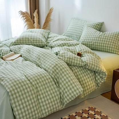 LifeTB Green Gingham Duvet Cover Twin XL 3 Pieces Green Grid Duvet Cover 100% Washed Cotton Plaid Checkered Comforter Cover with 2 Pillowcases Breathable Farmhouse Plaid Gingham Bedding Set Twin XL