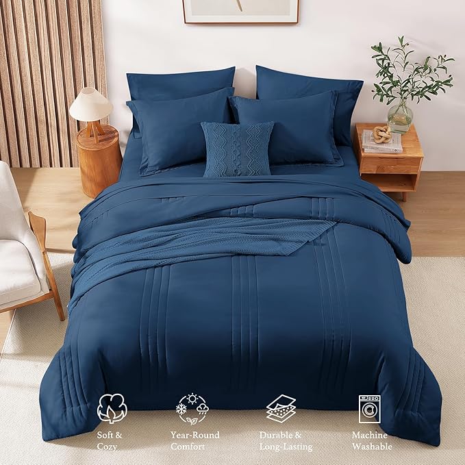 Monbix Queen Comforter Set - 7 Pieces Serenity Blue Bed in a Bag, Queen Size Bedding Sets with Comforters, All Seasons Comforter with Sheets,Pillowcases & Shams