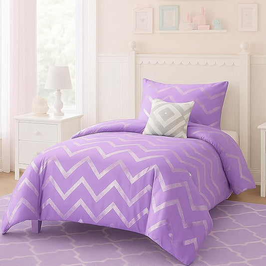 Codi Twin XL Bedding Set - Cute Purple Bed Set, Metallc Print Comforter - 3 Piece Sets for Girls, Includes 1 Comforter, 1 Decorative Pillow, and 1 Pillow Case - All Season, Lightweight and Warm