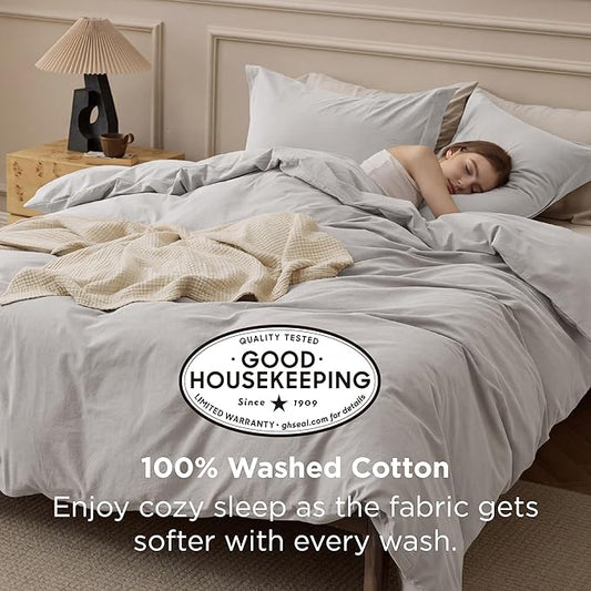 Bedsure 100% Washed Cotton Duvet Cover King - Light Grey Minimalist Bedding Set Linen Like - PureWoven Plain Simple & Soft Comforter Cover for All Seasons (King, 104"x90")