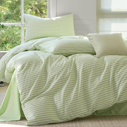 JELLYMONI Striped Duvet Cover Set - Full Size Comforter Cover, Classic Sage Green & White Stripes, 100% Cotton 3 Pcs Bedding with Zipper Closure & 8 Corner Ties for Guest or Teen Room