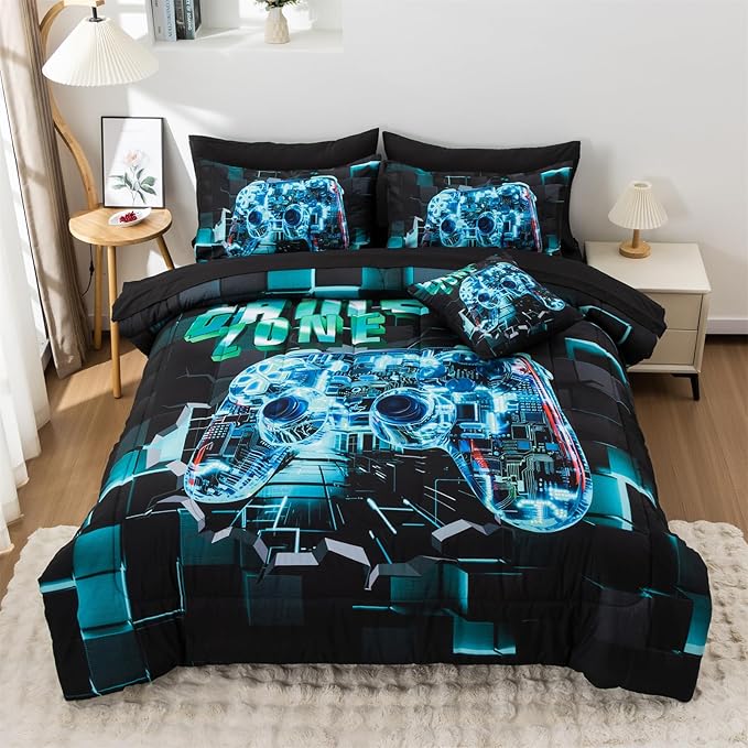 Aimuan Gamer Gaming Bedding Sets 3D Gamepad Comforter Sets for Boys Games Console Action Buttons Novelty Colorful Game Controller Modern Room Decor Home Quilt Set (Cyan, Twin 3PCS)