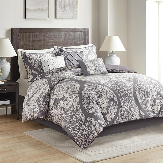 Madison Park Vienna Sateen Cotton Comforter Set, Breathable, Soft Cover, Trendy, All Season Down Alternative Cozy Bedding with Matching Shams, King, Grey 7 Piece