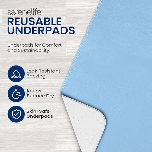 Serenelife Reusable Underpads 4-Pack Blue Incontinence Bed Pads 34 x 36 IN | For Adults, Kids & Pets | Super Absorbent & Leak-Resistant | Soft Top Layer For All Skin Types | Washable & Reusable | Blue