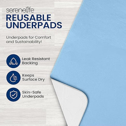 Serenelife Reusable Underpads 4-Pack Blue Incontinence Bed Pads 34 x 36 IN - For Adults, Kids & Pets - Super Absorbent & Leak-Resistant - Soft Top Layer For All Skin Types - Washable & Reusable - Blue