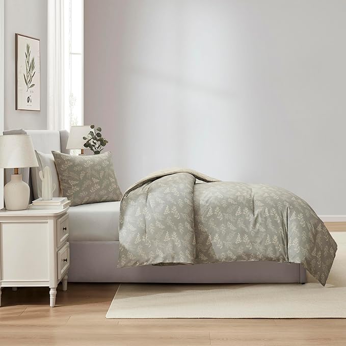 Nestl Twin/Twin XL Comforter Set - Grey Bed in a Bag Twin, 2 Pieces Reversible Bed Set, Soft Floral Bedding Set for College Dorm, All Season Botanical Comforters with Pillow Sham