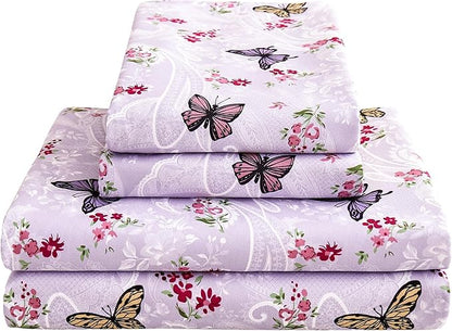 Softan Floral King Bed Sheets, Purple Paisley Flower Printed Sheet Set - Brushed Microfiber King Fitted Sheet with 15" Deep Pocket and Corner Straps, Butterfly Patterned Sheet & Pillowcase Sets
