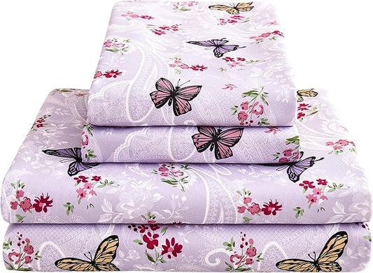 Softan Floral King Bed Sheets, Purple Paisley Flower Printed Sheet Set - Brushed Microfiber King Fitted Sheet with 15" Deep Pocket and Corner Straps, Butterfly Patterned Sheet & Pillowcase Sets