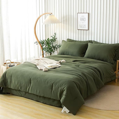COTTEBED Ultra-Soft TWIN XL Comforter Set with Sheets - 5 Piece Bed in a Bag Blanket Comforter Fitted Sheet Set, Lightweight Boho Polycotton for Teen Boy Girls College Dorm All Season Dark Olive Green