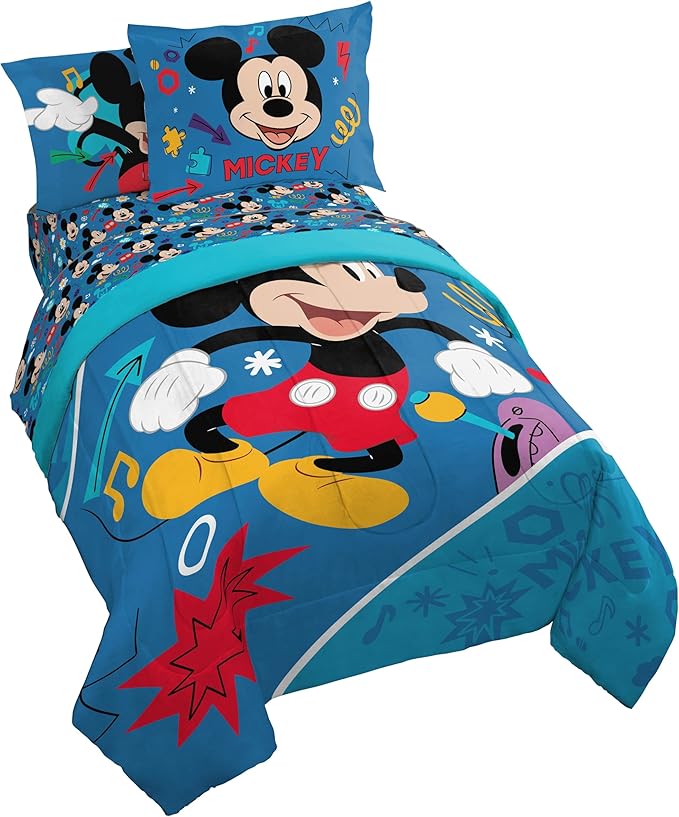 Jay Franco Kids Comforter Set Includes Sheets and Pillow Covers - Soft and Cozy Bed Set for Stylish Room Decor, Blue - Mickey Mouse, 7 Piece Full Bedding