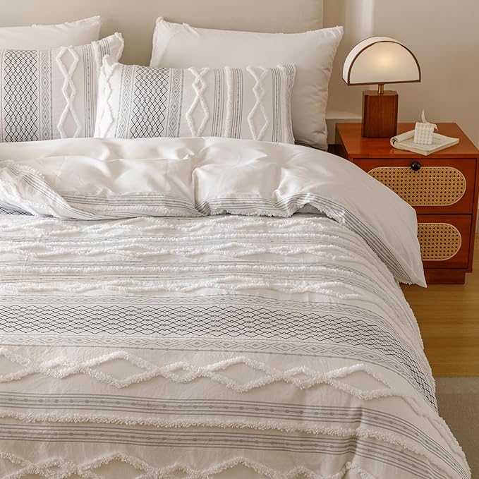 Luxlovery Boho White Comforter Set Twin Teens Kids Farmhouse White Black Jacquard Bedding Set Bohemian Country Blanket Quilts Durable Soft Breathable 3PCS Comforter Set Twin Bed