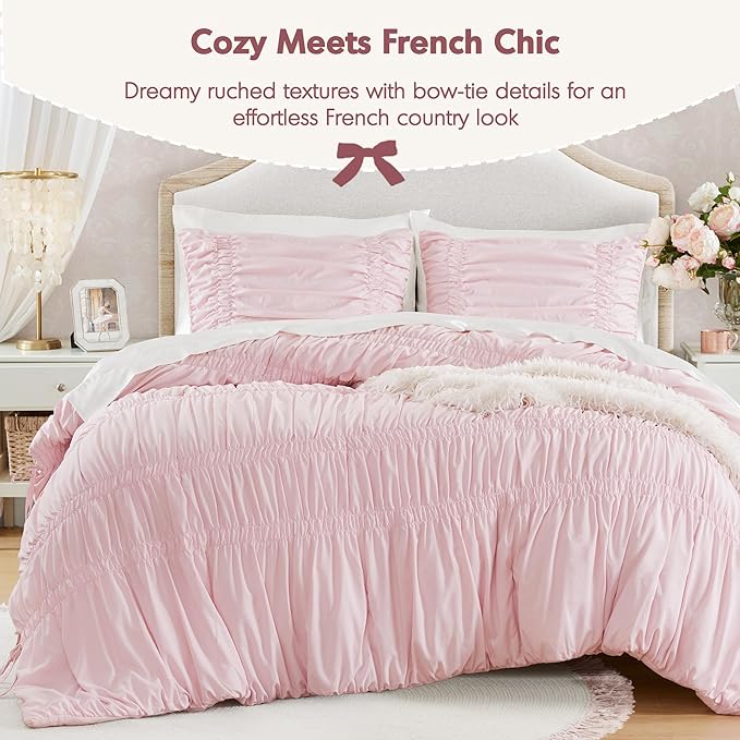 Intelligent Design Queen Comforter Set Ruched Shabby Chic Comforters for Queen Size Bed, All Season Lightweight Comforter Queen, French Country Bedding Set, Shams, Ella, Full/Queen, Pink 3 Piece
