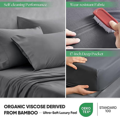Silver Infused Bed Sheets Set, Temperature-Regulating Fabric with Self-Cleaning Technology for 3X Freshness Sleep (Grey, Queen)