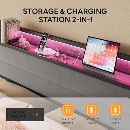 LIKIMIO Queen Bed Frame with Storage Headboard and LED Lights, Metal Platform Bed with Charging Station, Noise Free, No Box Spring Needed, Under Bed Storage, Charcoal Gray