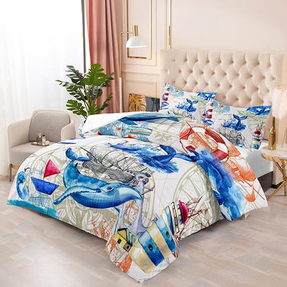 Nautical Whale Comforter Set Twin,Blue Whale Ocean Lighthouse 3 Pieces Bedding Set for Kids Boys Teens,Vintage Nautical Map Microfiber Lightweight Quilt Bedroom Decor with 2 Pillow Cases