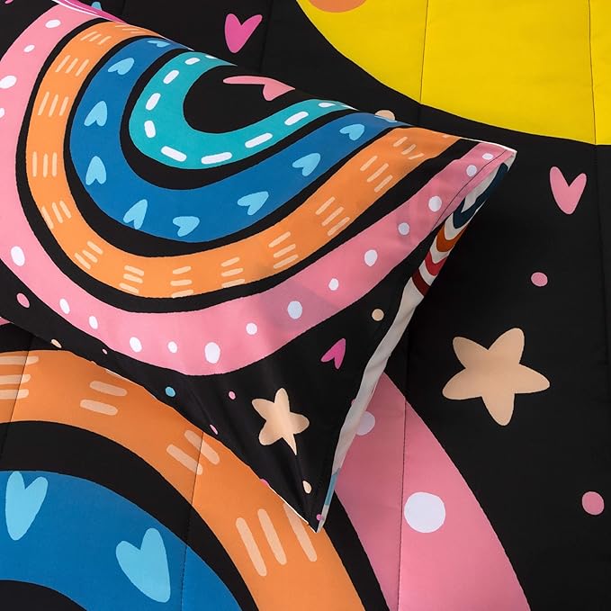 Btargot Lightweight Soft 3 Piece Rainbow Comforter Set with 2 Pillow Covers, Cartoon Love Hearts Flowers and Sun Moon Star Bedding Set for Girls Boys Kids, Twin Black