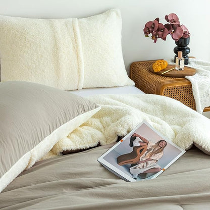 COTTEBED Fluffy Sherpa Warm Winter Comforter King Size Bed, Reversible Plush Fleece Sherpa California King Down Comforter Sets Pillow Sham, Cozy Ultra-Soft Thick Washed Cotton Bedding Set, Beige White