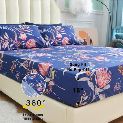 JSD Navy Blue Floral Printed King Sheet Set, 6 Piece Botanical Pattern Microfiber Sheets Extra Deep Pocket
