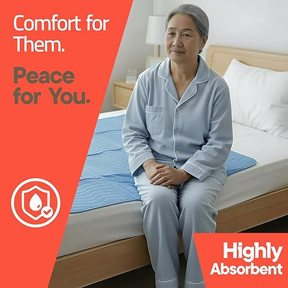 Washable Underpads Large 34"x36" (Pack of 5) – Reusable Waterproof Bed Pads for Adults & Seniors, Extra Heavy Absorbency Incontinence & Bedwetting Pads, Soft Non-Slip TPU Backing, Blue.