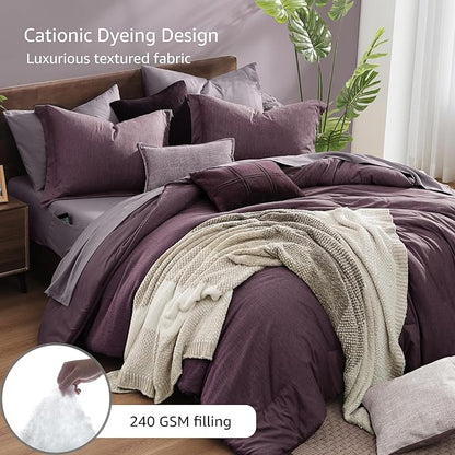 Monbix Super King Comforter Set, Italian Plum Cationic Dyeing Bedding Set Reversible, Bed in a Bag 7 Pieces with Comforter, Sheets, Pillowcases & Shams