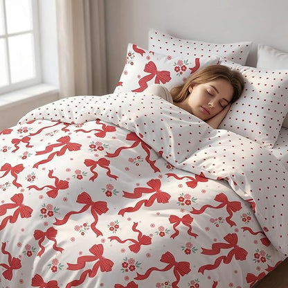Red Bow Comforter Set Queen for Girls, 3Pcs Ribbon Bowknot Bedding for Kids Kawaii Bedroom Decor, Dreamy Priness Girly Puple Stripe Bows Comforter Set with 2 Pillowcases, 90"x90"