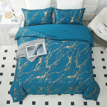 WONGS BEDDING Teal Gold Metallic Marble Comforter Set Queen Foil Print Glitter Bedding Sets with 2 Pillowcases for All Seasons, Soft Microfiber Filling Bedding Duvet Set 90"x90"
