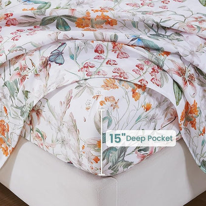 Softan Green Floral Queen Sheet Set, Cozy Microfiber Butterfly Printed Fitted Bed Sheet with 15" Deep Pockets & Corner Non-Slip Straps, Botanical Patterned Sheets & Pillowcase Set