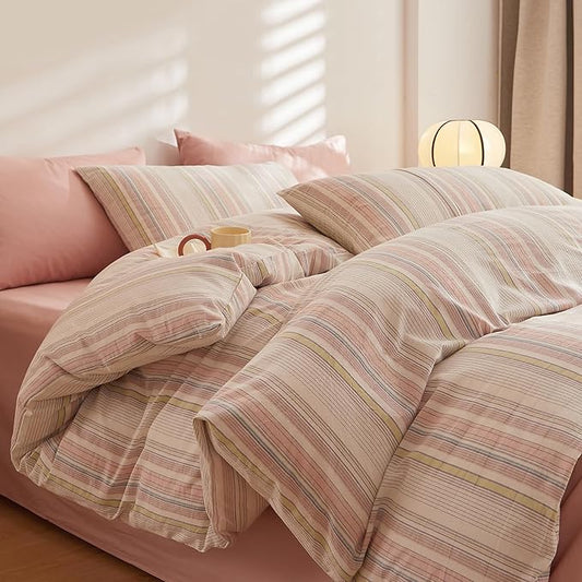 HighBuy King Comforter Set Fluffy White and Pink Striped Bedding Stripes Comforter Set Modern Chic Geometric Comforter with 2 Pillow Shams Stripe Bedding Comforter for Boys Girls All Season