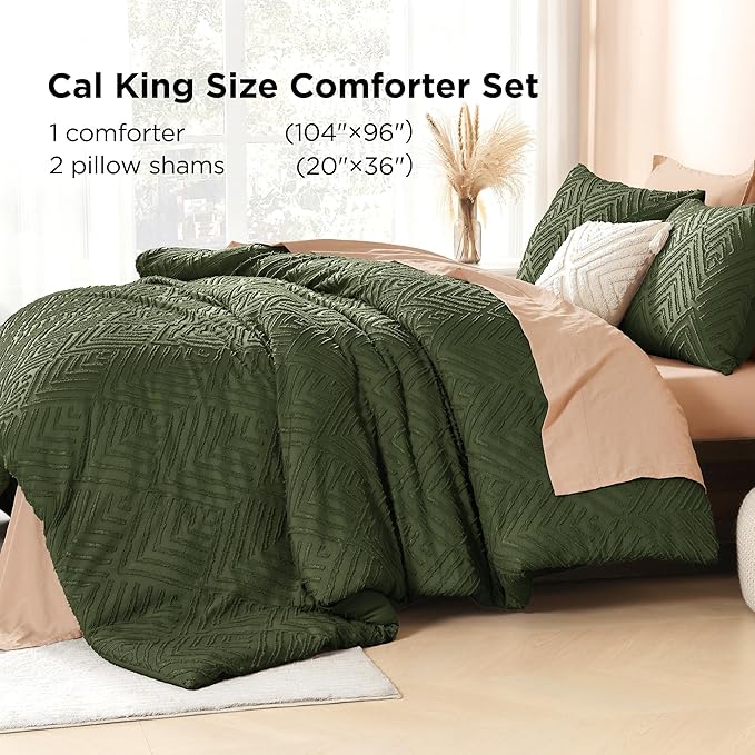Litanika California King Comforter Set Olive Green, 3 Pieces Tufted Boho Farmhouse Bedding Comforter Sets, Lightweight Fluffy Comforter Bed Set All Season (104x96In Comforter & 2 Pillowcases)