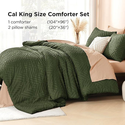 Litanika California King Comforter Set Olive Green, 3 Pieces Tufted Boho Farmhouse Bedding Comforter Sets, Lightweight Fluffy Comforter Bed Set All Season (104x96In Comforter & 2 Pillowcases)
