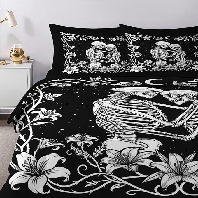 Nesker Comforter Set King Size, Gothic Kissing Skeleton Lover 7 Pcs Bedding for Kids and Adults, Rose Black Lovers Black Bed Sheet Sets with Fitted Sheet 2 Pillowcases & 2 Shams