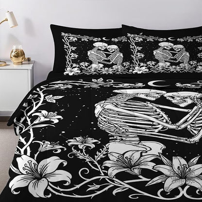 Nesker Comforter Set Queen Size, Gothic Kissing Skeleton Lover 7 Pcs Bedding for Kids and Adults, Rose Black Lovers Black Bed Sheet Sets with Fitted Sheet 2 Pillowcases & 2 Shams
