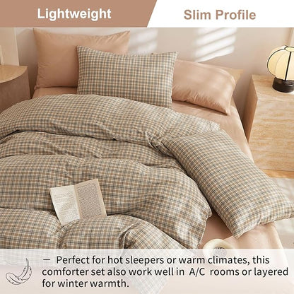 EAVD Vintage Style Brown Gingham Comforter Set Queen Soft 100% Washed Cotton Reversible Grid Plaid Comforter Set 3-Piece Farmhouse Brown Grid Plaid Bedding Set for All-Season