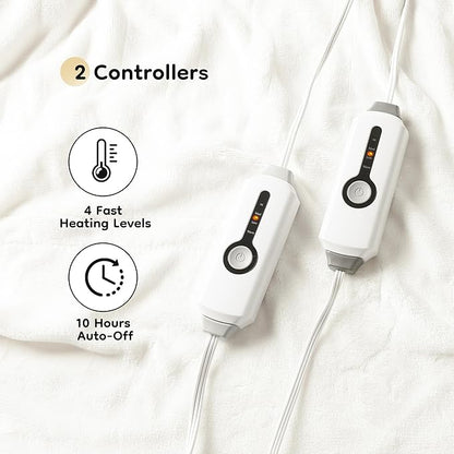 Electric Heated Blanket Queen Size 84"x90", with Dual Control Breathable & Luxurious Flannel, with 4 Heating Levels & 10 Hours Auto-Off, Fast Heating, Machine Washable, for Bedding-White