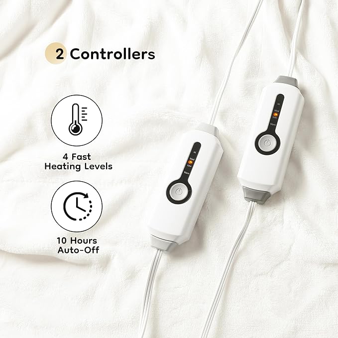 Electric Heated Blanket King Size 90"×100", Comfortable & Luxurious Flannel, 4 Heating Levels & 10 H Auto Shut Off, White
