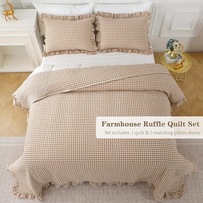 Taupe White Ruffle Gingham Quilt Set Queen Size with Pillow Shams, 100% Washed Cotton Yarn-Dyed Quilted Bedspread Bedding Set (Taupe, Queen)