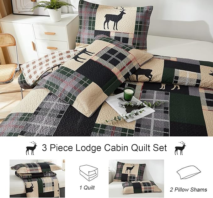 Lodge Bedspread Set King Size Rustic Cabin Quilt Set Deer Bedding Sets Lightweight Coverlet Reversible Bedspreads Elk Moose Printed Bedcover Dark Green Beige Plaid Patchwork Bedding Country Decor