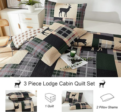 Lodge Bedspread Set King Size Rustic Cabin Quilt Set Deer Bedding Sets Lightweight Coverlet Reversible Bedspreads Elk Moose Printed Bedcover Dark Green Beige Plaid Patchwork Bedding Country Decor