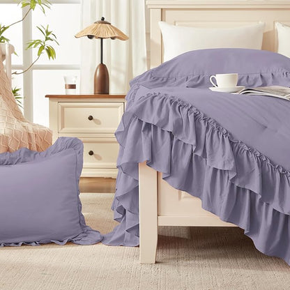 Andency Grayish Purple Comforter Set Queen Size, Lightweight Fluffy Farmhouse Ruffle Bedding Set, Soft Polyester All Season Shabby Chic Bed Comforter Set 3 Pieces(1 Comforter 2 Pillowcases)