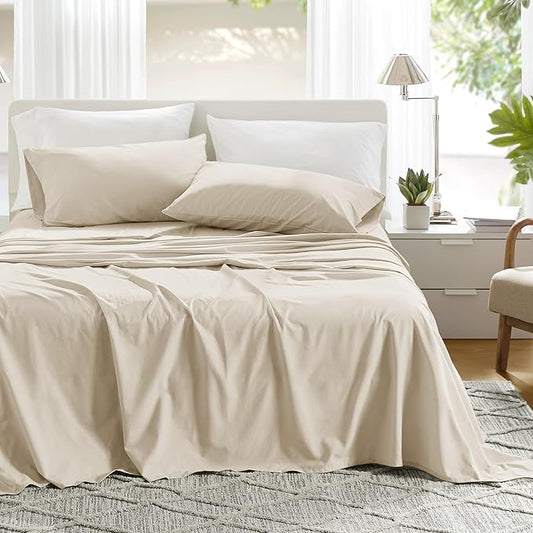 Comfort Spaces 100% Cotton Sheets Cal King, Breathable & Soft Cotton Sheets, Naturally Cool Cotton Bed Sheets with 14" Elastic Pocket Fits up to 16" Mattress, All Seasons Sheet Set, Cream 4 Piece