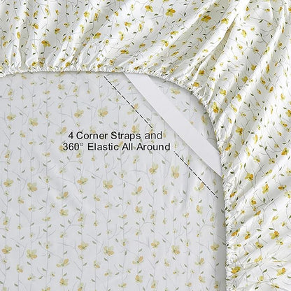 Softan King Sheet Set Yellow Floral Bed Sheets Printed Sheets - 4 Piece Soft Microfiber Patterned Fitted Sheets King with 15" Deep Pocket and Corner Straps, Cute Yellow Flower Sheets & Pillowcase Set
