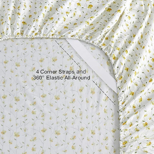 Softan King Sheet Set Yellow Floral Bed Sheets Printed Sheets - 4 Piece Soft Microfiber Patterned Fitted Sheets King with 15" Deep Pocket and Corner Straps, Cute Yellow Flower Sheets & Pillowcase Set