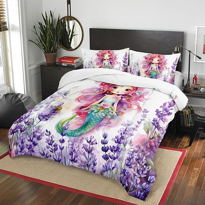 Lavender Mermaid Comforter Set for Teens Girls,Kawaii Violet 3 Pieces Bedding Set Twin,Lightweight Microfiber Violet Flowers Down Alternative Bed Set Comforter with 2 Pillowcase