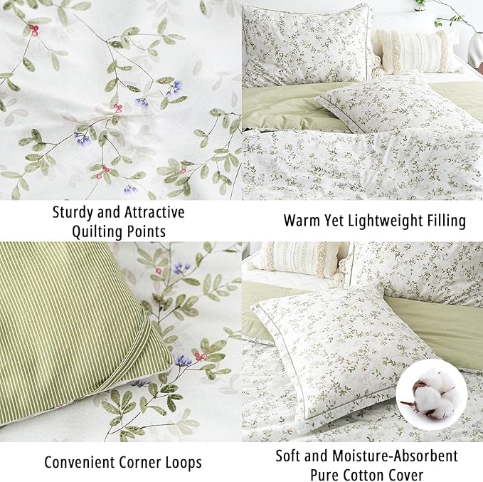 Botanical Cotton Comforter Twin Size - Tender Green Comforter Printed with Leafy Branches & Purple Stamens on Off-White,Reversible Lightweight Bedding Sets 2Pcs